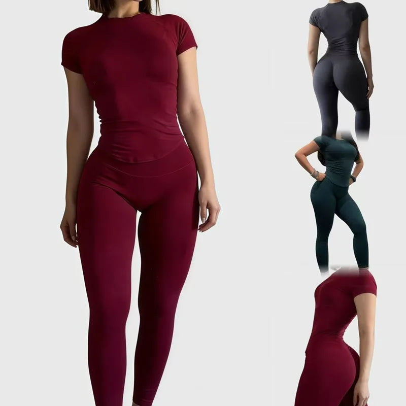 2 Pieces Sports Set Women Yoga Slim Fitness Active Top Suits Low Ribbed Band Gym Seamless Short Set Workout Leggings Sets